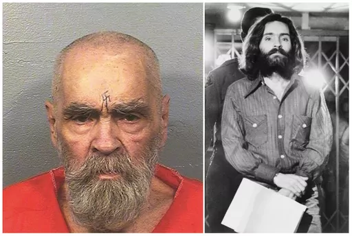 This combination of file photos shows Charles Manson on Aug. 14, 2017, left, in a photo provided by the California Department of Corrections and Rehabilitation, and on Dec. 22, 1969, right, leaving a Los Angeles courtroom. Leslie Van Houten, one of Manson's followers, was released from prison on parole on July 11, 2023. (California Department of Corrections and Rehabilitation, left, and Wally Fong, right, via AP, File)
