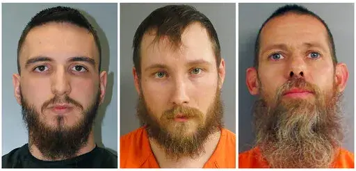 This combo of undated file images provided by Alvin S. Glenn Detention Center, left, and Jackson County Sheriff's Office, show, from left, Paul Bellar, Joseph Morrison and Pete Musico. A scheme to kidnap Michigan's governor in 2020 will get yet another airing in a different court when three men face trial Monday, Oct. 3, 2022,  just weeks before voters consider whether to reelect Gretchen Whitmer to a second term. Joe Morrison, Pete Musico and Paul Bellar are charged in Jackson County, Mich., wi
