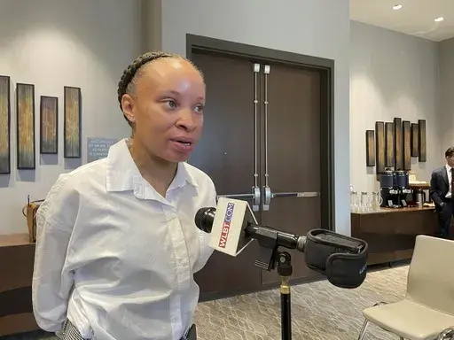 Dyamone White of Edwards, Miss., speaks April 25, 2022, in Jackson, Miss., about being a plaintiff in a lawsuit that says Mississippi's three Supreme Court districts diminish Black voters' ability to elect candidates of their choice. A federal judge in Oxford, Miss., started hearing arguments Monday, Aug. 5, 2024, in the suit, which seeks to compel Mississippi to update its Supreme Court districts for the first time since 1987. (AP Photo/Emily Wagster Pettus, File)