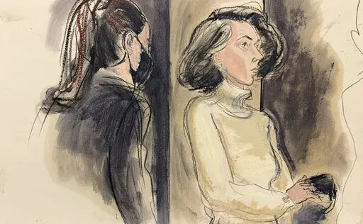 In this courtroom sketch, Ghislaine Maxwell, right, sits with her mask off during a break in her sex trafficking trial, Monday, Dec. 20, 2021, in New York. (Elizabeth Williams via AP, File)