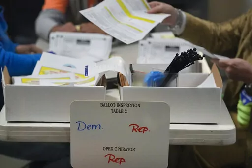Election workers process ballots at the Clark County Election Department, on Nov. 10, 2022, in Las Vegas. A nonprofit that became a point of controversy for distributing hundreds of millions of dollars in election grants during the 2020 presidential campaign is releasing a fresh round of money to local election offices, including in states where Republican lawmakers tried to ban the practice. (AP Photo/Gregory Bull, File)