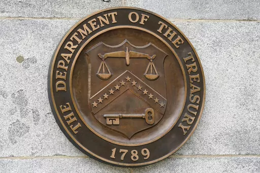 The Department of the Treasury's seal outside the Treasury Department building in Washington on May 4, 2021. The national debt is at the core of a dispute about how to raise the government's legal borrowing authority, which could come to a head this summer if the government runs out of accounting maneuvers to keep paying its bills. (AP Photo/Patrick Semansky, File)