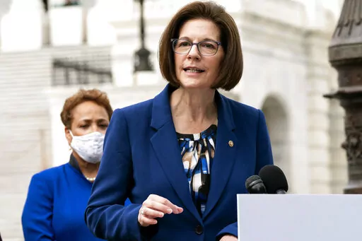 Sen. Catherine Cortez Masto, D-Nev., who is running for reelection, speaks about prescription drug prices during a news conference on April 26, 2022, on Capitol Hill in Washington.  Cortez Masto faces Republican challenger Adam Laxalt in the November election. (AP Photo/Jacquelyn Martin, File)
