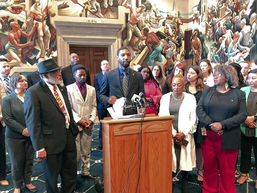 Missouri state Rep. Kevin Windham speaks to reporters during a press conference Thursday, Feb. 9, 2023, in the House Lounge of the state Capitol in Jefferson City, Mo. Missouri faith leaders, activists and elected officials have accused the Republican-led House of silencing Black Missourians after leaders shut down a Black lawmaker’s speech. Dozens of protesters rallied Wednesday, Feb. 15, 2023, outside the Capitol. (AP Photo/David A. Lieb, File)