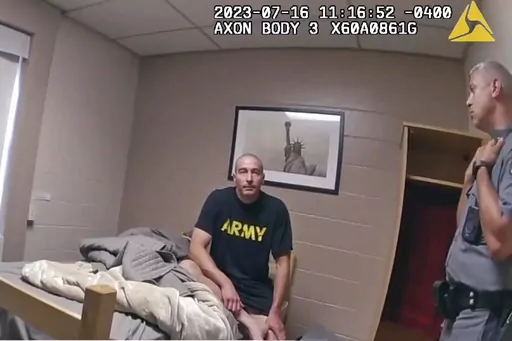 In this image taken from New York State Police body camera video that was obtained by WMTW-TV 8 in Portland, Maine, New York State police interview Army Reservist Robert Card, the man responsible for Maine's deadliest mass shooting, at Camp Smith in Cortlandt, New York on July 16, 2023. Card told state police before being hospitalized that fellow soldiers were worried about him because he was ”gonna friggin' do something,” according to police body cam video released under New York's Freedom 