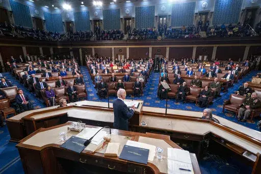 President Joe Biden delivers his first State of the Union address to a joint session of Congress at the Capitol, Tuesday, March 1, 2022, in Washington. (Shawn Thew/Pool via AP)