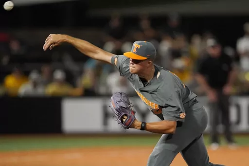 Tennessee pitcher Drew Beam throws during the first inning of an NCAA college baseball tournament super regional game against Southern Mississippi, Monday, June 12, 2023, in Hattiesburg, Miss. (AP Photo/Rogelio V. Solis)