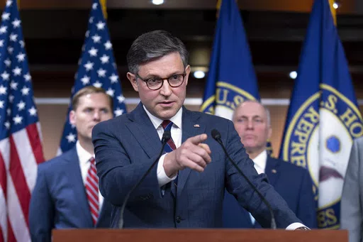 Speaker of the House Mike Johnson, R-La., and other Republican leaders meet with reporters to condemn former President Donald Trump's guilty conviction in a New York court last week, at the Capitol in Washington, Tuesday, June 4, 2024. Johnson also called President Joe Biden the worst president in American history. (AP Photo/J. Scott Applewhite)