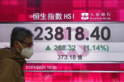 A man walks past a bank's electronic board showing the Hong Kong share index at Hong Kong Stock Exchange Monday, Jan. 31, 2022. Asian stocks followed Wall Street higher Monday at the start of a week when China, South Korea and Southeast Asian markets will close for the Lunar New Year holiday. (AP Photo/Vincent Yu)