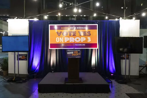 Decorations stand on display at a watch party for Michigan Proposal 3 at the David Whitney Building in Detroit on Election Day, Tuesday, Nov. 8, 2022. (Ryan Sun/Ann Arbor News via AP)