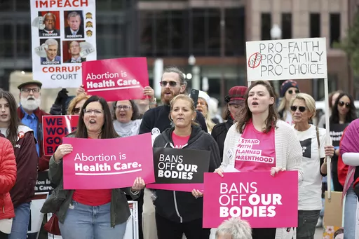 Supporters of Issue 1, the Right to Reproductive Freedom amendment, attend a rally in Columbus, Ohio, Oct. 8, 2023. Some state governments and a federal agency are moving to block companies from selling geolocation data that shows who's been to abortion providers, among other places. (AP Photo/Joe Maiorana, File)
