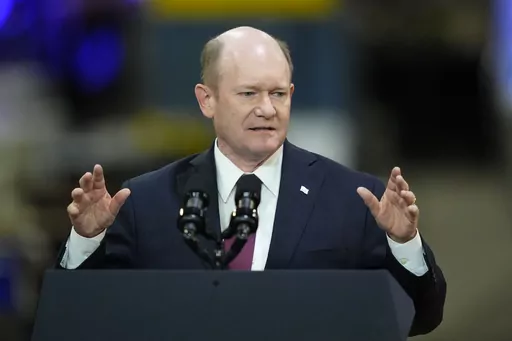 Sen. Chris Coons, D-Del., speaks in Bear, Del., Nov. 6, 2023. More of President Joe Biden's top Senate allies are demanding that the U.S. act directly to ease Palestinian civilian suffering in Gaza and are joining calls to cut military aid if Israel refuses to change course. Even Coons, Biden's closest confidant in Congress, says it is time to get tougher with the Israeli government. (AP Photo/Matt Rourke, File)