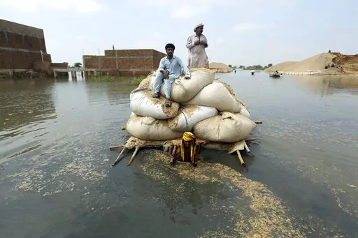 Victims of the unprecedented flooding from monsoon rains use makeshift barge to carry hay for cattle, in Jaffarabad, a district of Pakistan's southwestern Baluchistan province, Monday, Sept. 5, 2022. The U.N. refugee agency rushed in more desperately needed aid Monday to flood-stricken Pakistan as the nation's prime minister traveled to the south where rising waters of Lake Manchar pose a new threat. (AP Photo/Fareed Khan)