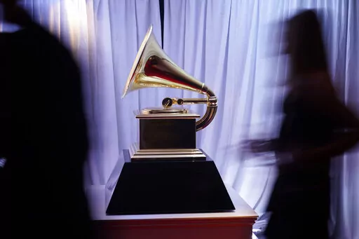 A view of a Grammy statue appears in the press room at the 65th annual Grammy Awards on Sunday, Feb. 5, 2023, in Los Angeles. (AP Photo/Jae C. Hong)