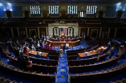 House Speaker Nancy Pelosi of Calif., finishes the vote to approve the Inflation Reduction Act in the House chamber at the Capitol in Washington, Friday, Aug. 12, 2022.  On Friday, Aug. 25, The Associated Press reported on stories circulating online incorrectly claiming Congress exempted its members from IRS audits. (AP Photo/Patrick Semansky, File).  i