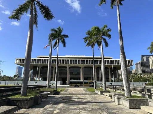This photo taken on Friday, Jan. 12, 2024 shows the Hawaii State Capitol in Honolulu. Fighting and preventing wildfires and helping the island of Maui recover from August's flames are at the top of the agenda as Hawaii lawmakers prepare to open a new session of the Legislature on Jan. 17, 2024. (AP Photo/Audrey McAvoy)