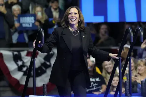Democratic presidential nominee Vice President Kamala Harris arrives to speak during a campaign rally at Erie Insurance Arena, in Erie, Pa., Monday, Oct. 14, 2024. (AP Photo/Jacquelyn Martin)