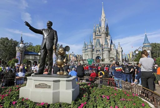 A statue of Walt Disney and Micky Mouse stands in front of the Cinderella Castle at the Magic Kingdom at Walt Disney World in Lake Buena Vista, Fla., Jan. 9, 2019. Florida Gov. Ron DeSantis’ oversight board of Disney World has voted to claw back authority over the company’s theme park properties. The vote Wednesday, April 26, 2023, by the governor’s appointees voids a last-minute deal that placed control of theme park design and construction decisions Disney’s hands. (AP Photo/John Raoux