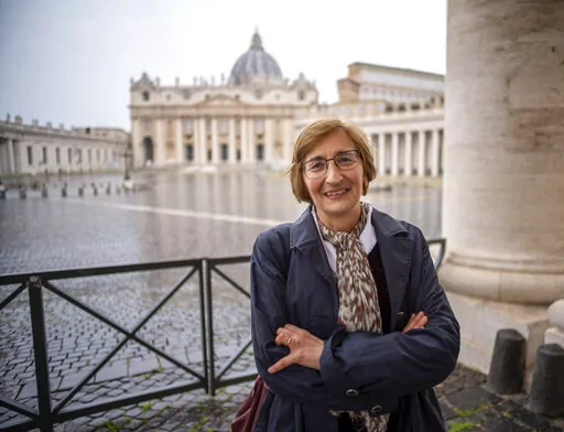 Italian journalist Giovanna Chirri poses for a portrait at the end of an interview with The Associated Press at the Vatican, Thursday, April 29, 2021. Giovanna Chirri who was covering a routine ceremony by Pope Benedict XVI on Feb. 11, 2013, never expected what unfolded, or that her high school Latin would give her the scoop of a lifetime. Giovanna Chirri of the authoritative ANSA news agency was in a Vatican press room watching the event on closed-circuit TV when Benedict said calmly and in Lat