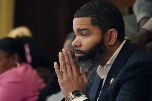 Jackson Mayor Chokwe Antar Lumumba watches a debate at the Mississippi Capitol on Feb. 7, 2023, in Jackson, Miss. Lumumba said Monday, July 29, 2024, that the city has been working to pay overdue invoices. (AP Photo/Rogelio V. Solis, File)