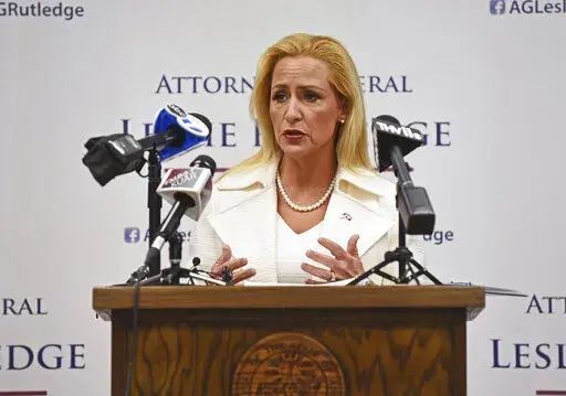 Arkansas Attorney General Leslie Rutledge speaks during a news conference to announce the lawsuit filed against Family Dollar following a rodent infestation at its West Memphis distribution center, Thursday, April 28, 2022 in Little Rock, Ark.. (Staci R. Vandagriff/The Arkansas Democrat-Gazette via AP)