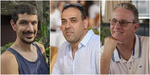 This combination of undated photos provided by Hostages Family Forum show Or Levy, Eli Sharabi and Ohad Ben Ami, all of whom were abducted and brought to Gaza on Oct. 7, 2023. (Hostages Family Forum via AP)