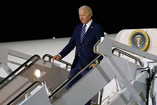 President Joe Biden arrives on Air Force One at Delaware Air National Guard Base in New Castle, Del., Thursday, Oct. 27, 2022. AP Photo/Manuel Balce Ceneta)