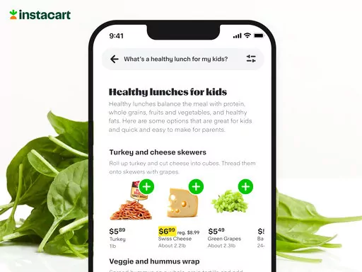 This illustration released by Instacart depicts the grocery delivery company's app which can integrate ChatGPT to answer customers' food questions. (Instacart, Inc. via AP)