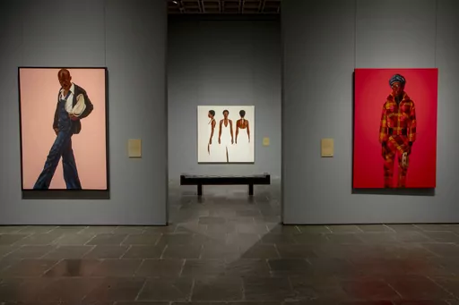 Artworks from the Barkley L. Hendricks exhibition are displayed on Monday, Sept. 18, 2023 at The Frick Madison in New York. Hendricks, who died in 2017, is the first artist of color to have a solo exhibit at the Frick. “Barkley L. Hendricks: Portraits at the Frick” is open now through Jan. 7, 2024. (Photo by Andy Kropa/Invision/AP)