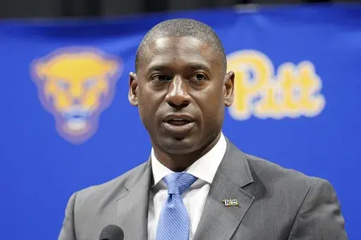Allen Greene makes remarks after being introduced as the new athletic director at the University of Pittsburgh, Wednesday, Oct. 23, 2024, in Pittsburgh. (AP Photo/Matt Freed)