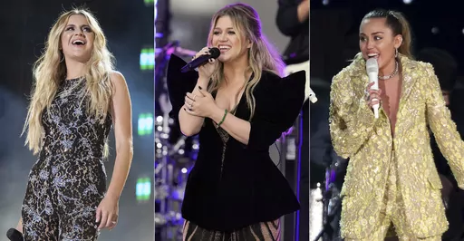 This combination of photos shows Kelsea Ballerini during CMA Fest 2022 in Nashville, Tenn., on June 10, 2022, left, Kelly Clarkson performing on NBC's "Today" show in New York on Sept. 22, 2023, center, and Miley Cyrus performing at the 61st annual Grammy Awards in Los Angeles on Feb. 10, 2019. Cyrus’ “Endless Summer Vacation” is up for album of the year and best pop vocal album. The single “Flowers” is nominated for three Grammy awards. Kelly Clarkson’s “Chemistry” is up for bes