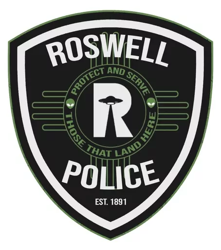 This image provided by the Roswell Police Dept. shows the new uniform patch. Famous for being the spot where a spacecraft purported crashed in 1947, Roswell, New Mexico, has become a mecca for people fascinated by extraterrestrial phenomenon. So it's only fitting that the city’s police force has uniform patches that are out of this world. The new patch was unveiled on Friday, March 8, 2024. (Roswell Police Dept. via AP)
