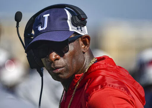 Jackson State head coach Deion Sanders looks on during an NCAA college football game against Mississippi Valley State in Jackson, Miss., Saturday, Sept. 24, 2022. (Hannah Mattix/The Clarion-Ledger via AP)