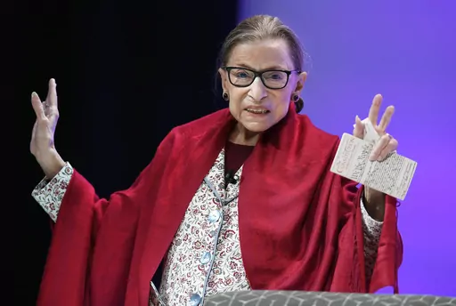 In this Oct. 3, 2019 file photo, U.S. FILE - Supreme Court Justice Ruth Bader Ginsburg gestures to students before she speaks at Amherst College in Amherst, Mass, on Oct. 3, 2019. Ginsburg is being remembered during ceremonies at the Supreme Court on Friday, March 17, 2023. (AP Photo/Jessica Hill, File)