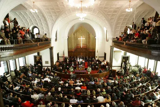 Then-Democratic presidential candidate Sen. Barack Obama, D-Ill., speaks at Brown Chapel AME Church in Selma, Ala., on March 4, 2007. The church tops the 2022 list of the nation's most endangered historic places, according to the National Trust for Historic Preservation. (AP Photo/Rob Carr, File)