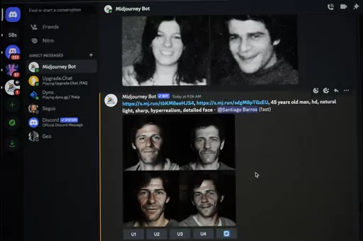 The computer screen of Santiago Barros shows old photographs of couple Maria Eugenia Gonzalez and Nestor Oscar Junquera, who disappeared during the 1976-1983 dictatorship, above AI-generated images, using an app called Midjourney, of what their stolen son might look like today, in Buenos Aires, Argentina, Thursday, Aug. 2, 2023. Barros using artificial intelligence to create images of what the children of parents who disappeared during the dictatorship might look like as adults and uploads them 