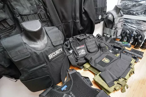 Different levels of body armor sit on display at 221B Tactical headquarters, Tuesday, June 14, 2022, in New York. (AP Photo/Mary Altaffer)