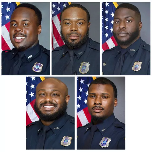 This combo of images provided by the Memphis Police Department shows, from top row from left, officers Tadarrius Bean, Demetrius Haley, Emmitt Martin III, bottom row, from left, Desmond Mills, Jr. and Justin Smith. The five former Memphis police officers have been charged with second-degree murder and other crimes in the arrest and death of Tyre Nichols, a Black motorist who died three days after a confrontation with the officers during a traffic stop, records showed Thursday, Jan. 26, 2023. (Me
