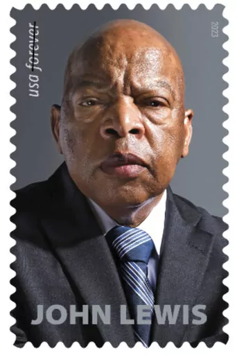 This image provided by the U.S. Postal Service on Tuesday, Dec. 13, 2022, shows a new postage stamp honoring the late congressman and civil rights giant John Lewis. (U.S. Postal Service via AP0