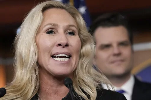 Rep. Marjorie Taylor Greene, R-Ga., speaks during a news conference at the Capitol in Washington on Nov. 17, 2022. Elon Musk’s Twitter on Monday, Nov. 21, has reinstated the personal account of far-right Greene, which was banned in January for violating the platform’s COVID misinformation policies at the time. (AP Photo/J. Scott Applewhite, File)