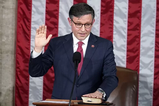 Rep. Mike Johnson, R-La., takes the oath to be the new House speaker from the Dean of the House Rep. Hal Rogers, R-Ky., at the Capitol in Washington, Wednesday, Oct. 25, 2023. (AP Photo/Alex Brandon, FIle)