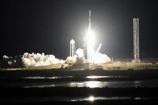 A SpaceX Falcon 9 rocket with Intuitive Machines' second lunar lander lifts off from pad 39A at the Kennedy Space Center in Cape Canaveral, Fla., Wednesday, Feb. 26, 2025. (AP Photo/John Raoux)