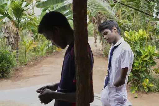 Kumarakulasingham Dinojan, 15, right, who lost his left hand below his wrist and has damaged fingers in his right hand from a mine blast six years ago, spends time with his brother Vilvaraj Jethurshan, 16, left, outside their house in Mankindy, Sri Lanka, Tuesday, April 1, 2025. (AP Photo/Eranga Jayawardena)