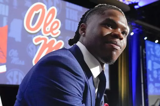 Mississippi running back Quinshon Judkins responds to questions during NCAA college football Southeastern Conference Media Days, Thursday, July 20, 2023, in Nashville, Tenn. Ole Miss opens their season at home against Mercer on Sept. 2. (AP Photo/George Walker IV)