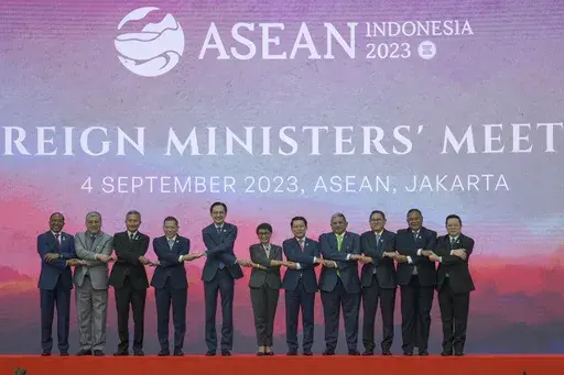 From left to right, Malaysia's Foreign Minister Zambry Abd Kadir, Philippines' Foreign Secretary Enrique Manalo, Singapore's Foreign Minister Vivian Balakrishnan, Thailand's Permanent Secretary to the Ministry of Foreign Affairs Sarun Charoensuwan, Vietnam's Deputy Foreign Minister Do Hung Viet, Indonesia's Foreign Minister Retno Marsudi, Laos' Foreign Minister Saleumxay Kommasith, Brunei's Foreign Minister Erywan Yusof, Cambodia's Foreign Minister Sok Chenda Sophea, East Timor's Foreign Ministe