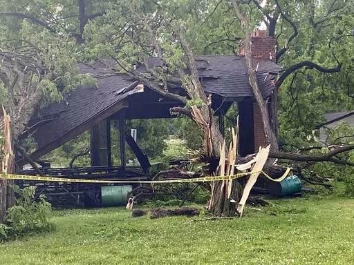 Several trees slammed into a structure at Rotary Park in Livonia, MIch., Wednesday, June 5, 2024 as a tornado tore through the western Wayne County community. (Nolan Finley/The Detroit News via AP)