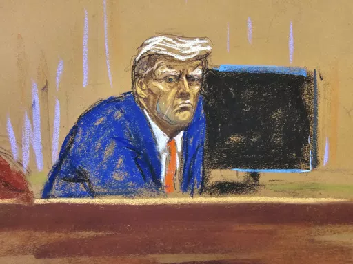 In this courtroom sketch, former President Donald Trump turns to face the audience at the beginning of his trial over charges that he falsified business records to conceal money paid to silence porn star Stormy Daniels in 2016, in Manhattan state court in New York, Monday, April 15, 2024. (Jane Rosenberg/Pool Photo via AP)