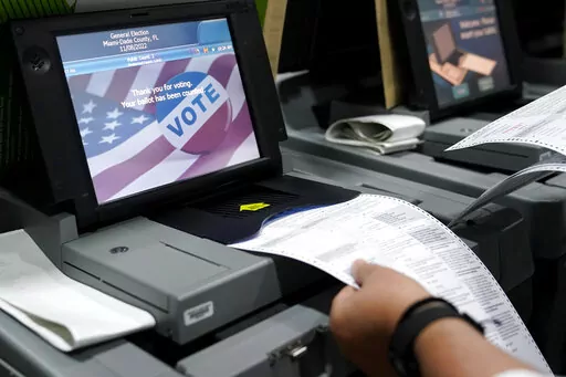 Employees test voting equipment at the Miami-Dade County Elections Department, Oct. 19, 2022, in Miami, in advance of the 2022 midterm elections on November 8. Top U.S. election security officials say protecting the nation’s voting systems has become increasingly more challenging. That’s due mostly to the embrace by millions of Americans of unfounded conspiracy theories and false claims about widespread fraud in the 2020 presidential race. (AP Photo/Lynne Sladky, File)