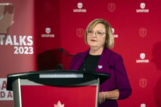 Lana Payne, Unifor national president speaks during a news conference, Aug. 29, 2023, in Toronto. Auto workers walked off the job at three General Motors facilities in Canada early Tuesday, Oct. 10, 2023 after failing to reach agreement with the automaker. (Tijana Martin/The Canadian Press via AP, File)