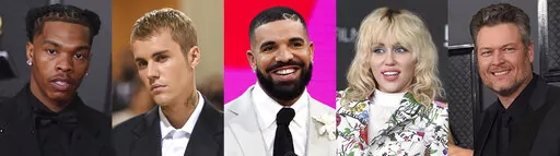 This combination of photos shows, from left, Lil Baby, Justin Bieber, Drake, Miley Cyrus and Blake Shelton, who are among the performers playing shows ahead of the Super Bowl between Los Angeles Rams and Cincinnati Bengals. (AP Photo)